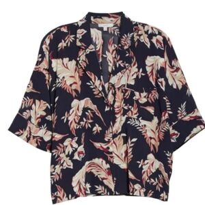 Joie Navy Blouse with Cream and Blush Leaf Print